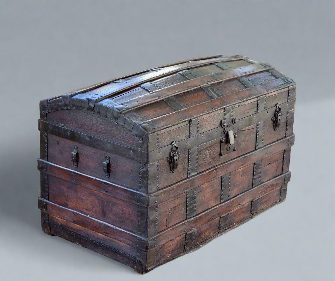 Victorian wood and metal bound Steamer Trunk