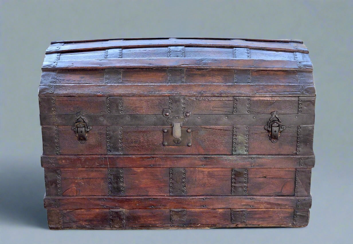 Victorian wood and metal bound Steamer Trunk