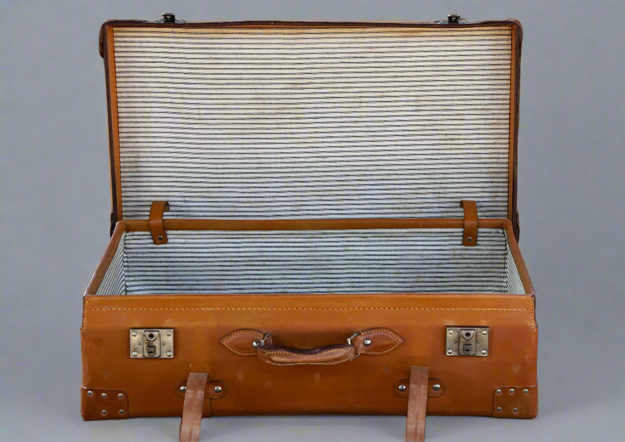 Vintage leather Suitcase - with original canvas cover