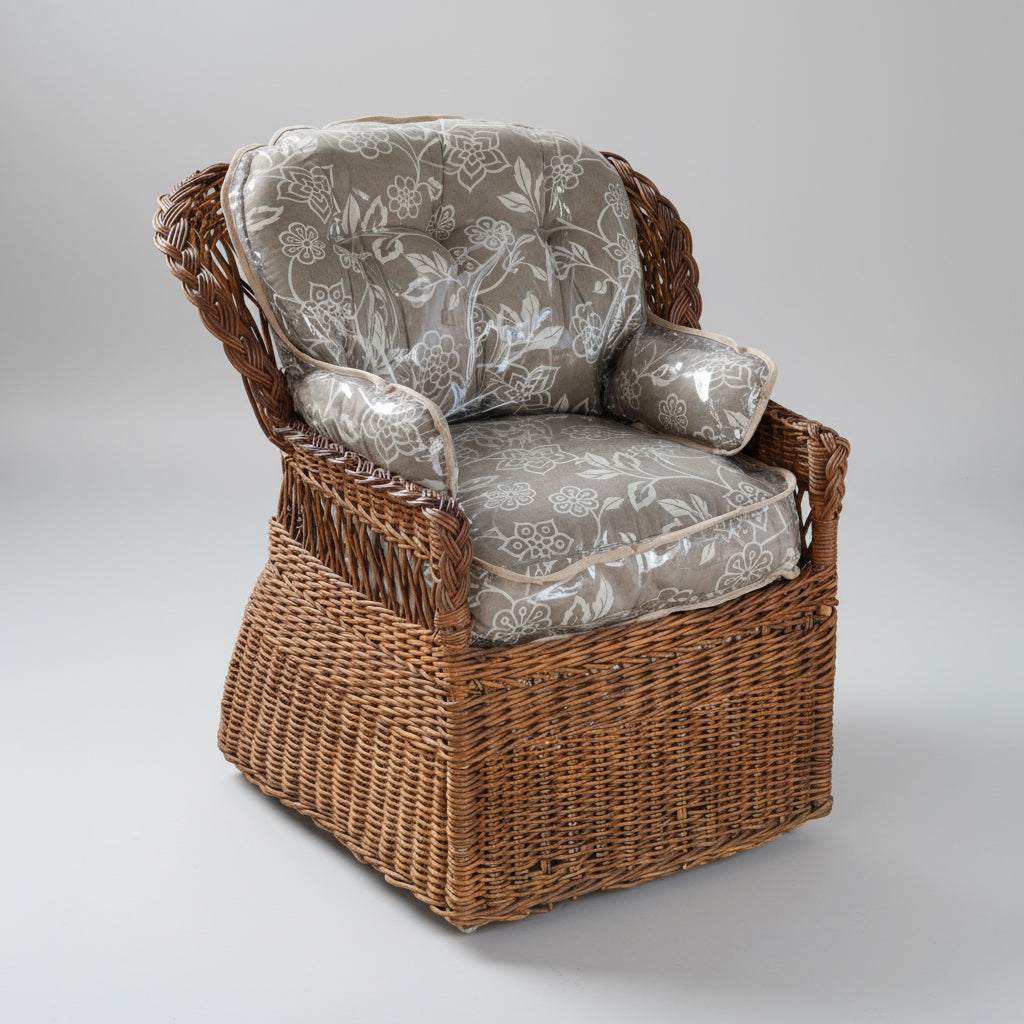 Pair of wicker Armchairs, with cushion & chair covers