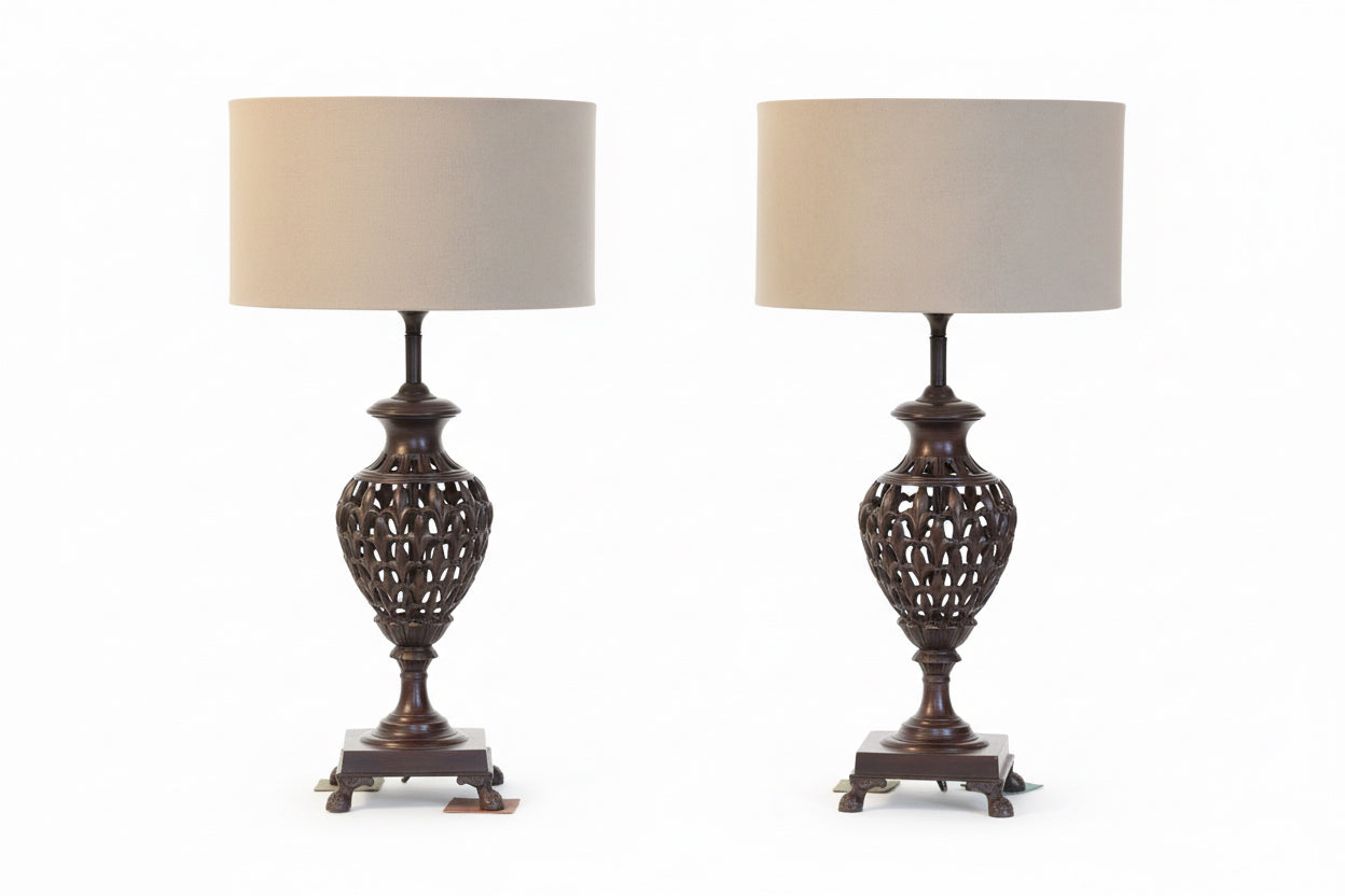 Pair of large ornate metal Table Lamps with lampshades