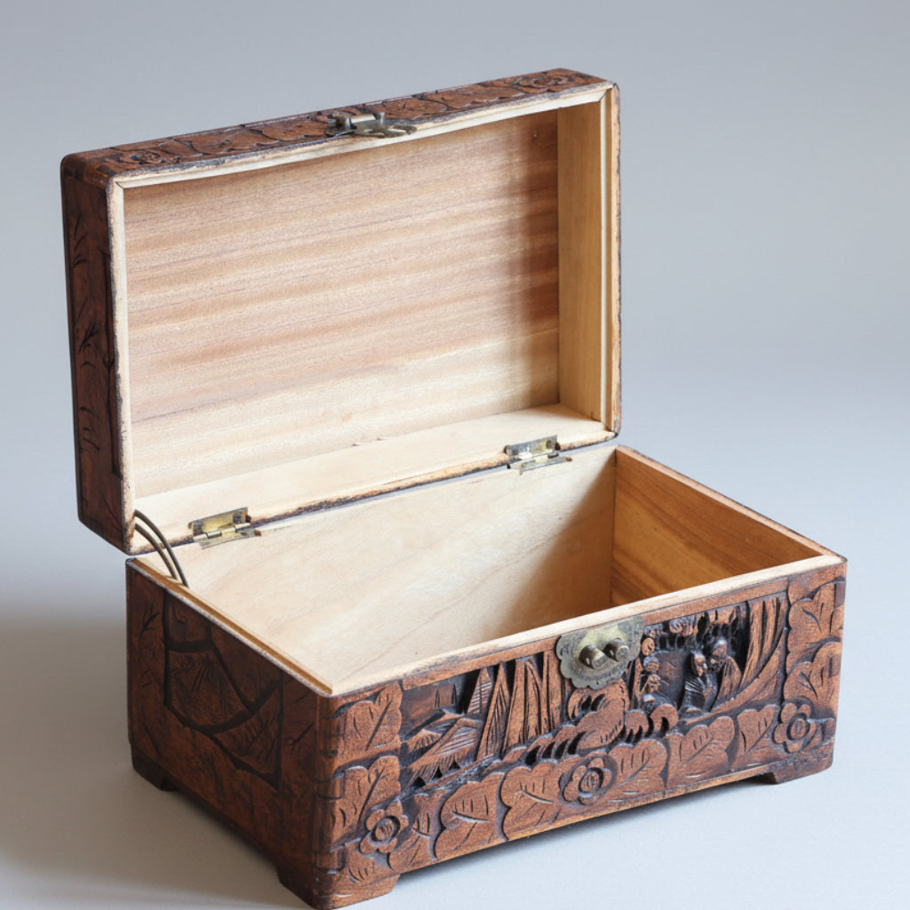 1920/30's Carved camphor wood Jewellery/Deed Box