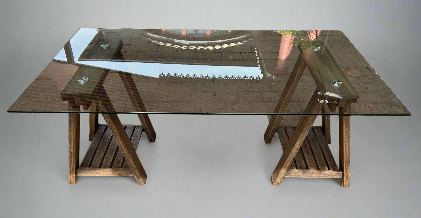 Oak glass topped Trestle Table