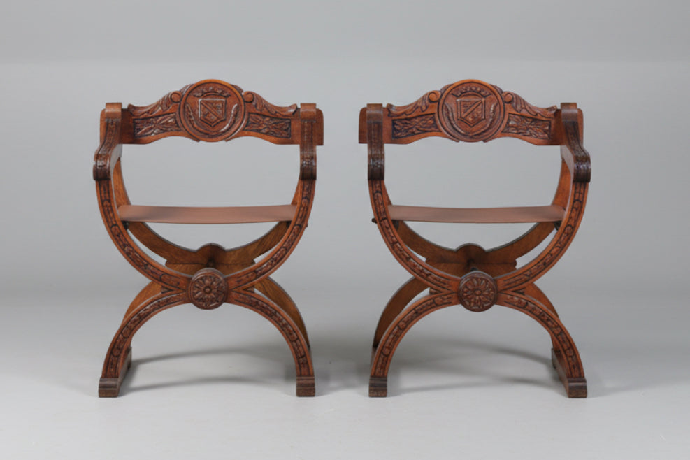 Pair of vintage Renaissance Revival style X-frame Dante or Savonarola Armchairs - SOLD