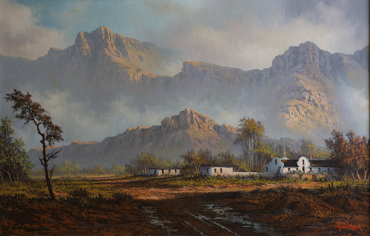 Hentie Meyer - oil on board - Cape landscape with cottages
