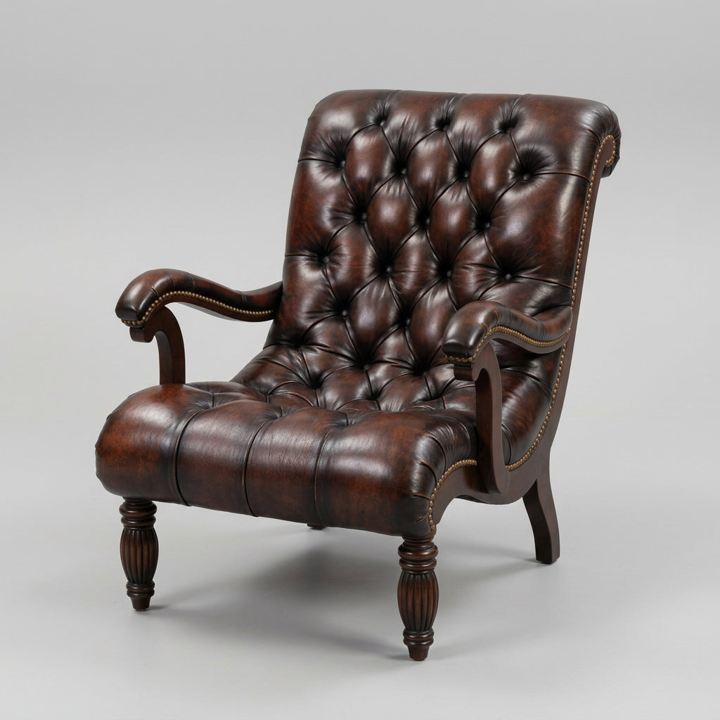 Stunning pair of Griffiths & Griffiths Victorian style button-upholstered Armchairs with matching Ottomans - SOLD