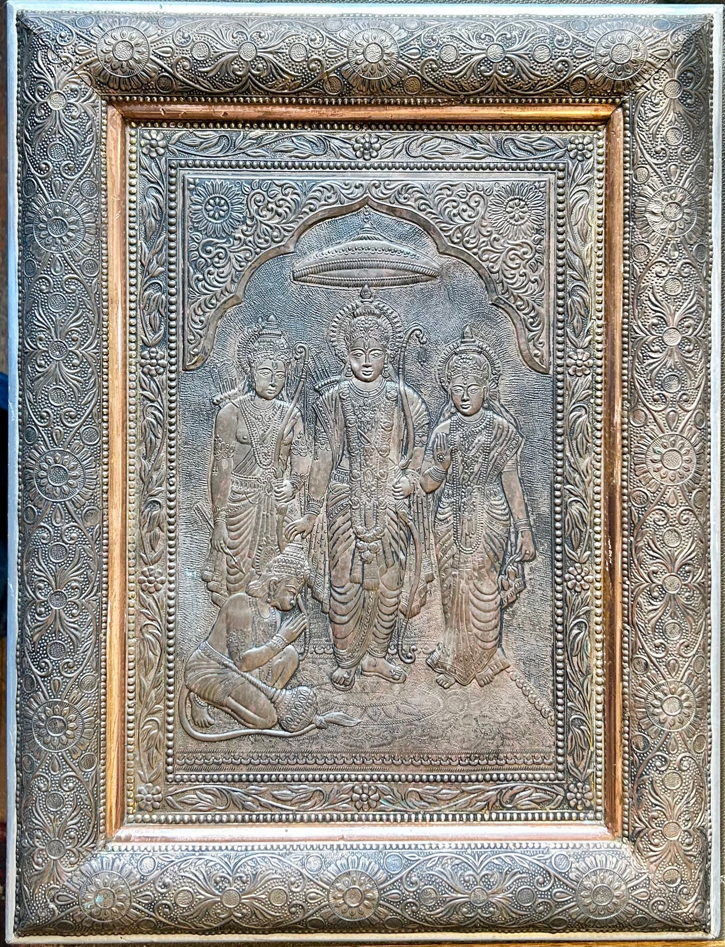 Vintage Embossed Brass Wall Hanging of Ram Darbar