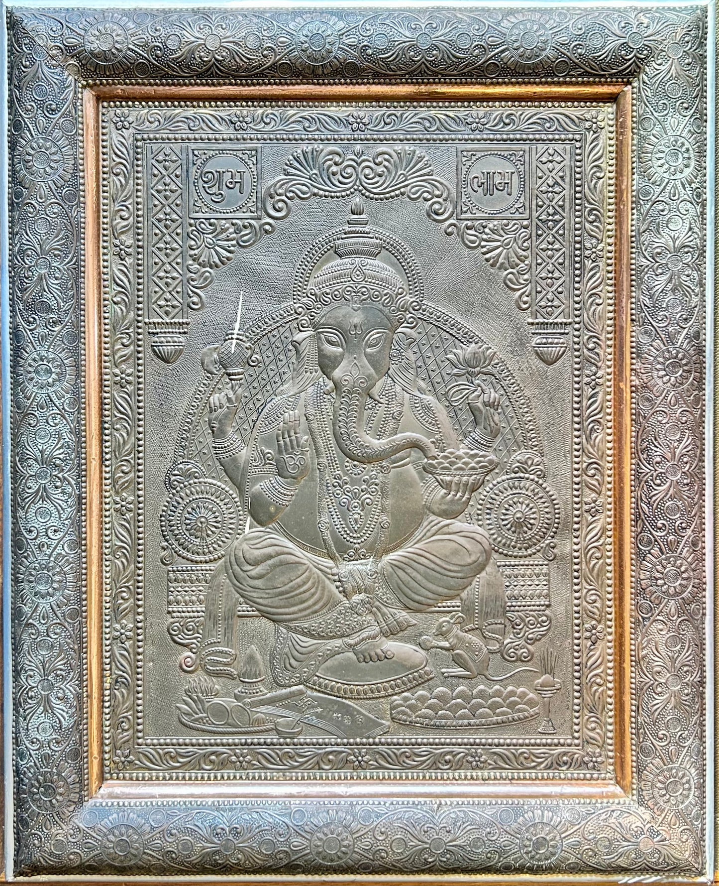 Vintage Embossed Brass Wall Hanging of Lord Ganesha