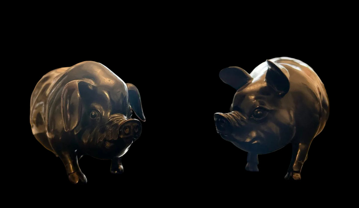 Beautiful pair of Japanese Shōwa period hand-carved hardwood 'Shogi' Boars, mid to late 20th century