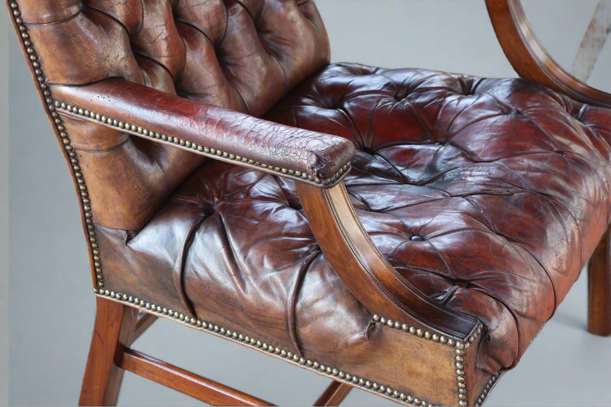 Pair of Georgian mahogany Gainsborough Chairs, upholstered in tufted leather - SOLD
