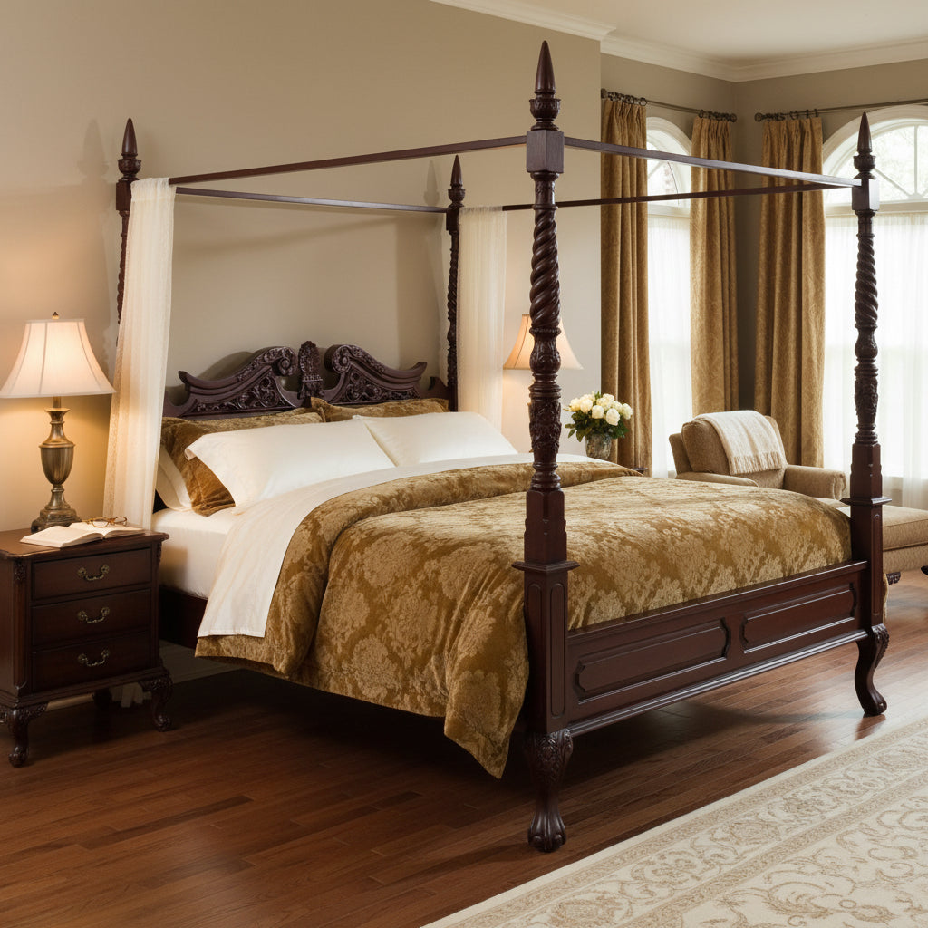 Victorian style beautifully carved and quality mahogany Four Poster Bed, kingsize