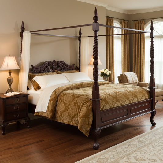 Victorian style beautifully carved and quality mahogany Four Poster Bed, kingsize