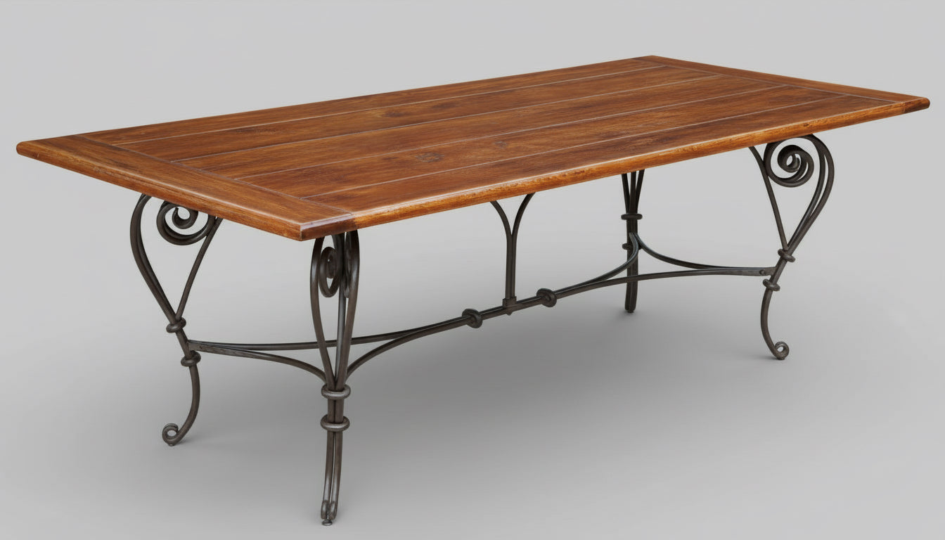 Dining Table with worked metal base.
