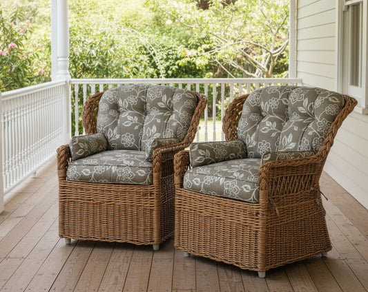 Pair of wicker Armchairs, with cushion & chair covers