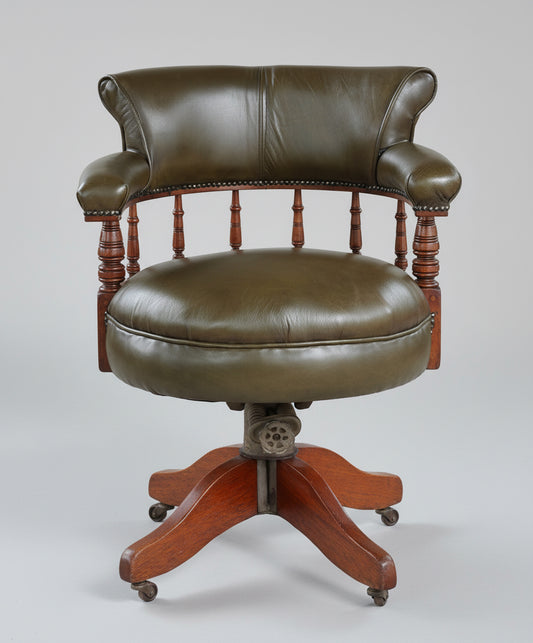 Early 20th Century Green Leather Swivel Captains Chair