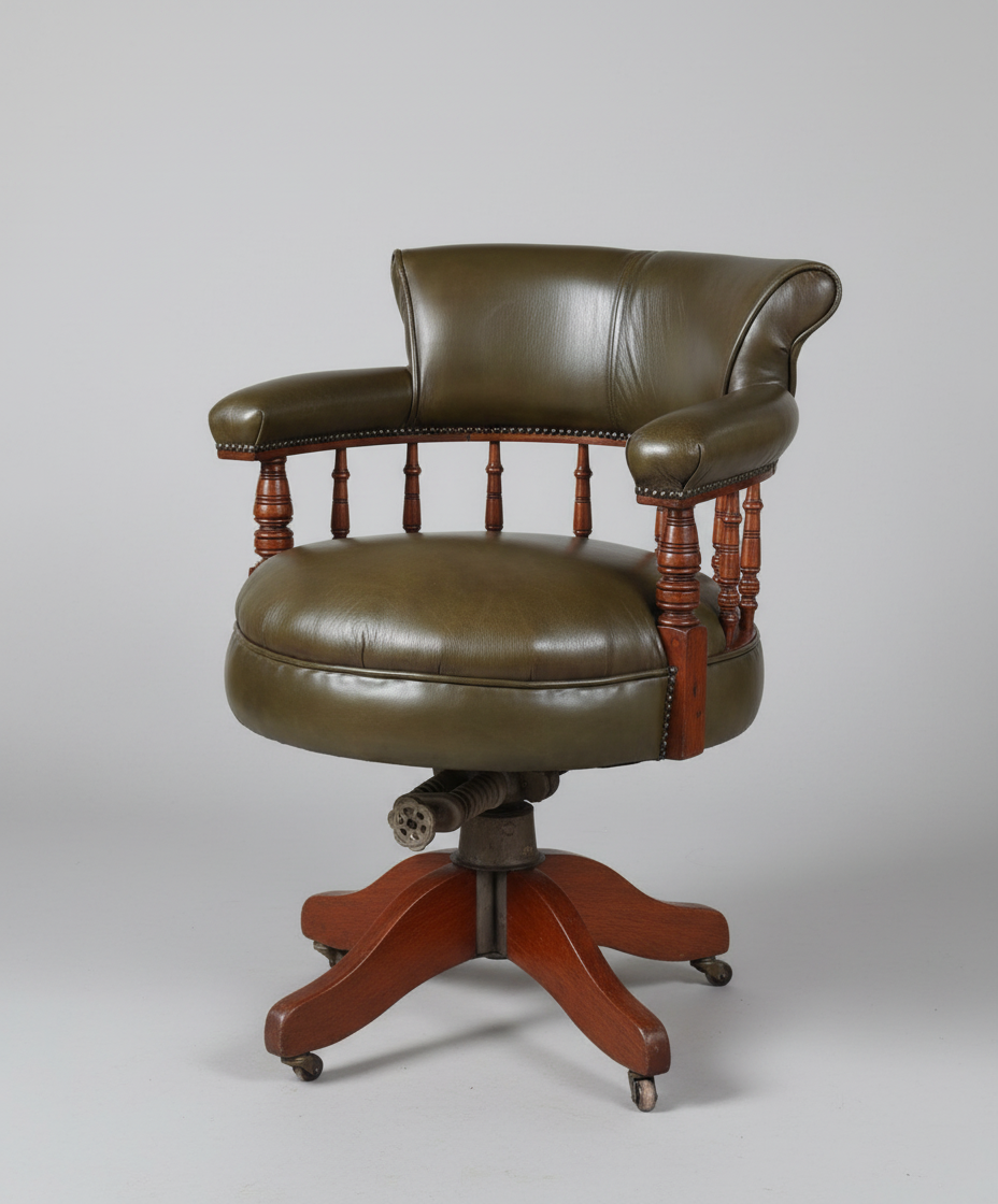 Early 20th Century Green Leather Swivel Captains Chair