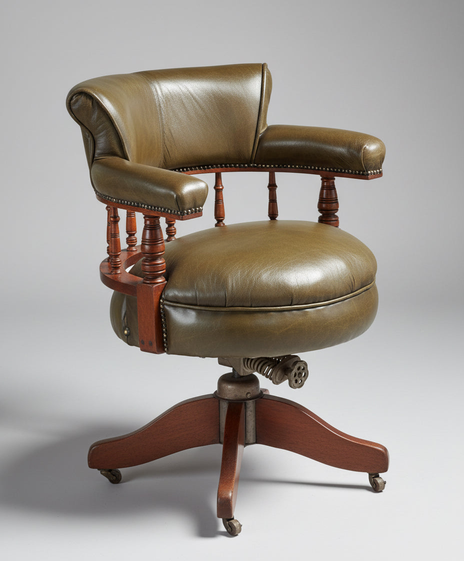 Early 20th Century Green Leather Swivel Captains Chair