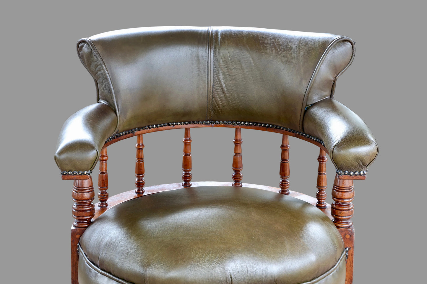Early 20th Century Green Leather Swivel Captains Chair
