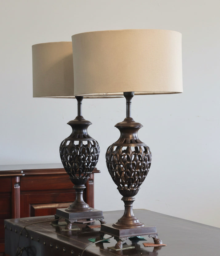 Pair of large ornate metal Table Lamps with lampshades