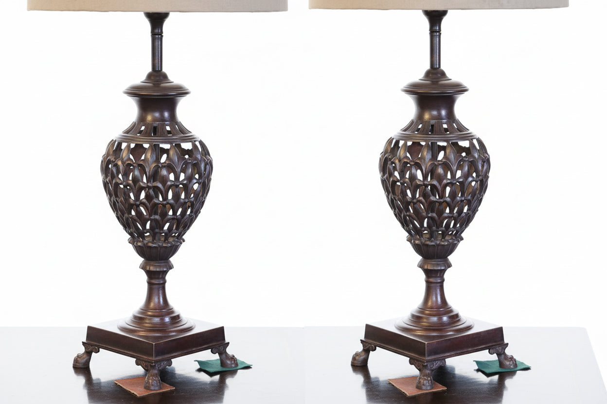 Pair of large ornate metal Table Lamps with lampshades