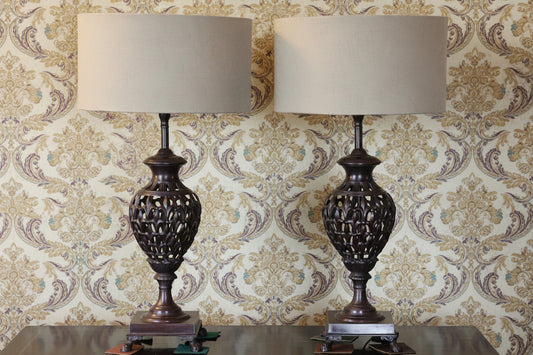 Pair of large ornate metal Table Lamps with lampshades