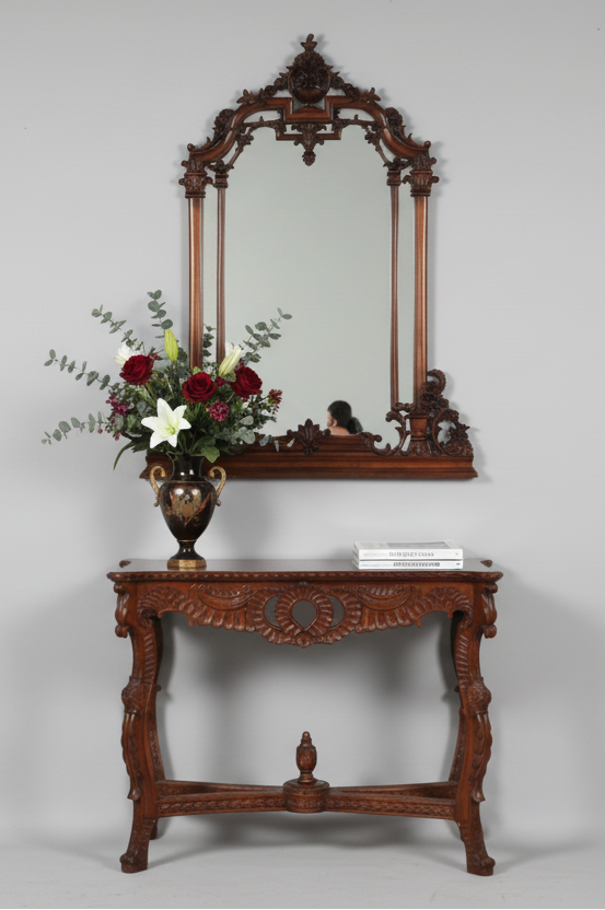 Finely Carved mahogany Console Table and Mirror