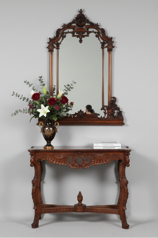 Finely Carved mahogany Console Table and Mirror