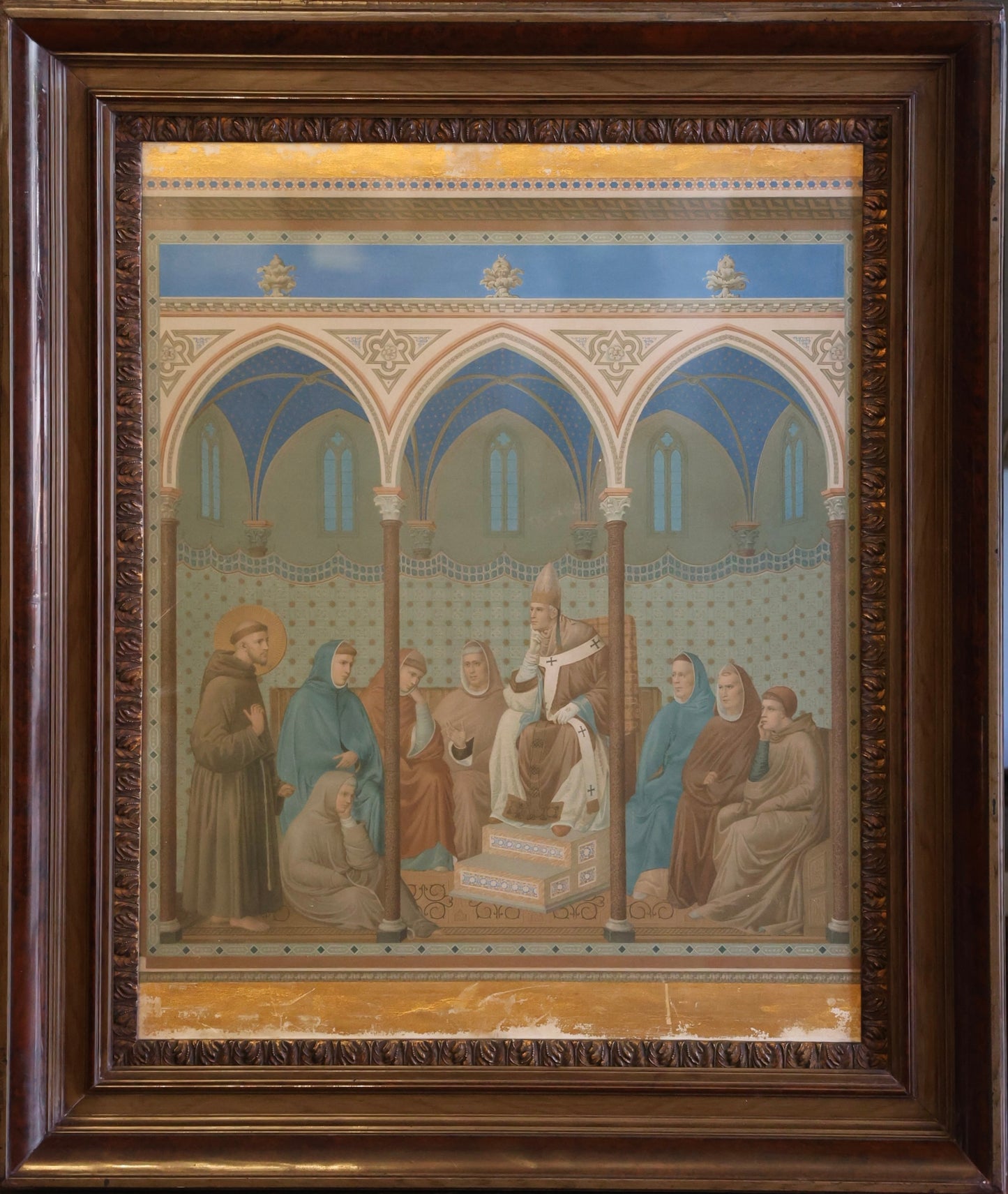 Beautifully framed early 20th Century Print of St. Francis Preaching a Sermon to Pope Honorius III