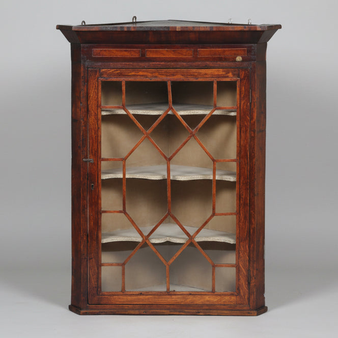 Georgian oak and mahogany Corner wall hanging Cabinet