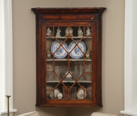 Georgian oak and mahogany Corner wall hanging Cabinet