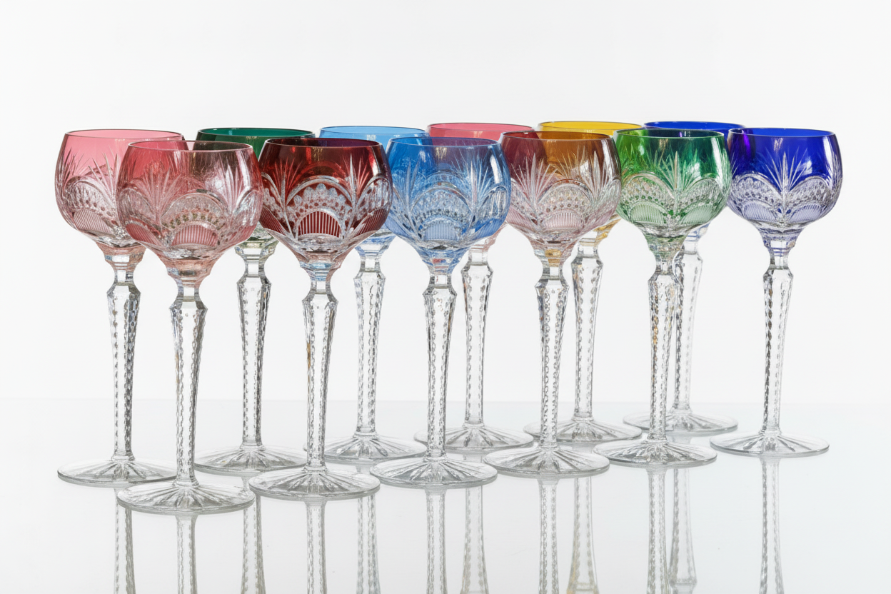 Set of 12 Hungarian finely cut crystal Coloured Hock Glasses