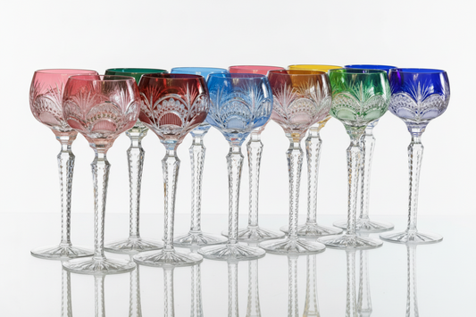 Set of 12 Hungarian finely cut crystal Coloured Hock Glasses