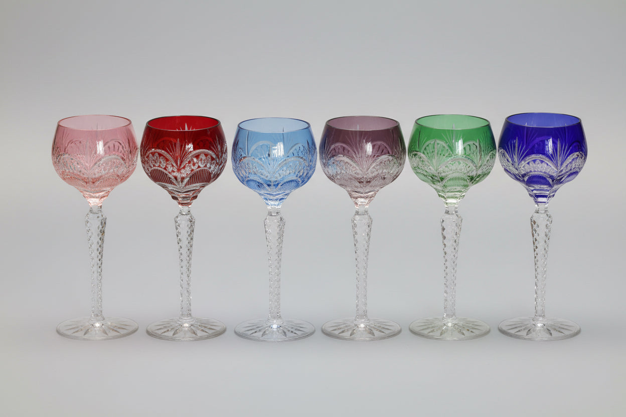 Set of 12 Hungarian finely cut crystal Coloured Hock Glasses