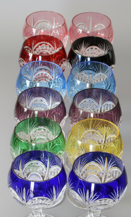 Set of 12 Hungarian finely cut crystal Coloured Hock Glasses