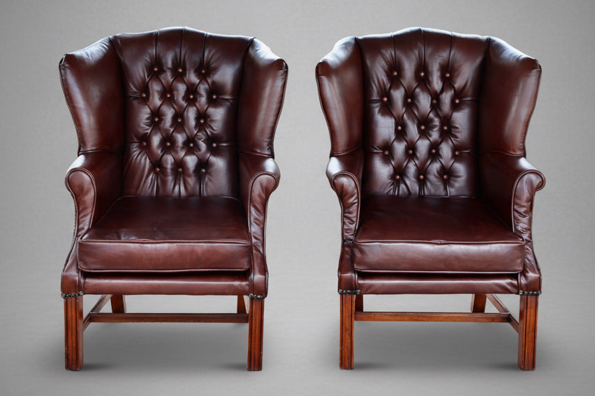 Fine Pair of Georgian Style Buttoned Leather Wingback Chairs