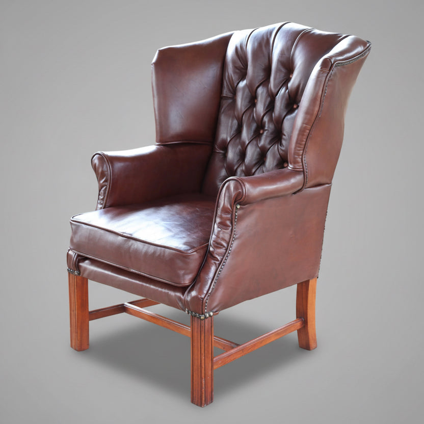 Fine Pair of Georgian Style Buttoned Leather Wingback Chairs