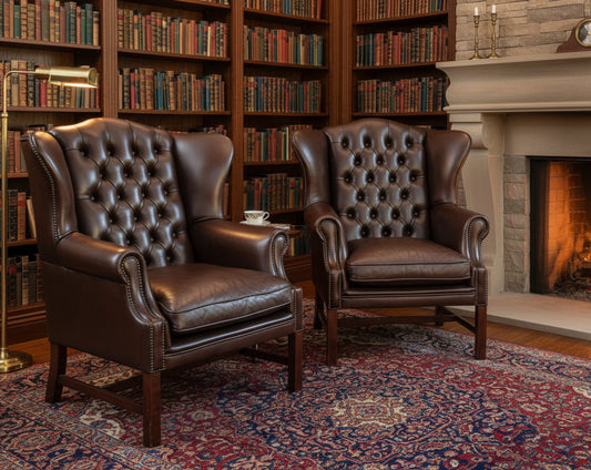 Pair of Georgian style leather button-upholstered Wingback Armchairs