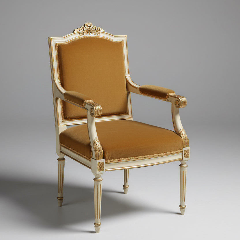 Two Pairs of Neoclassical or Louis XVI style painted and parcel-gilt Open Armchairs