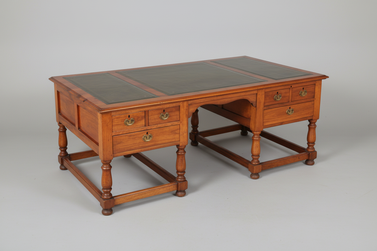 Large Herbert Baker designed Desk, ex government Desk with tooled leather panels