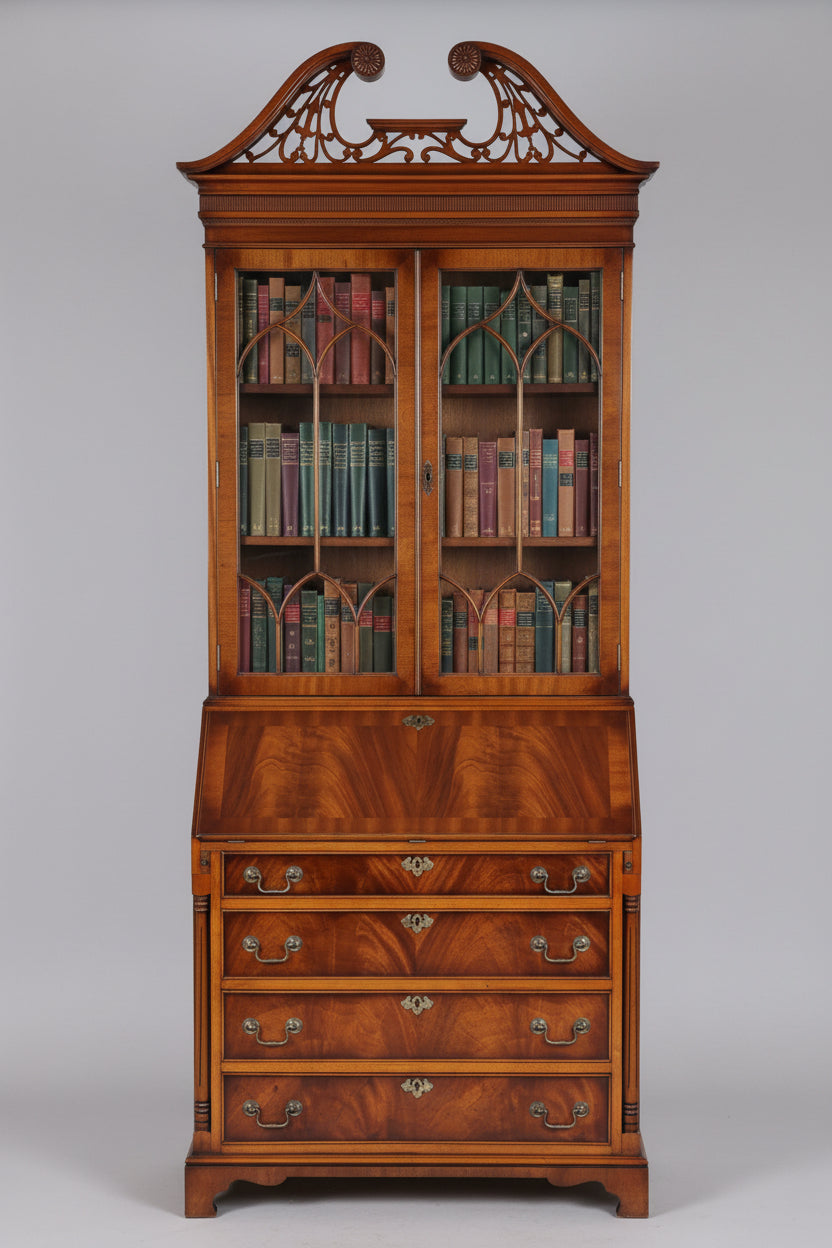 George III style flame mahogany Bureau Bookcase