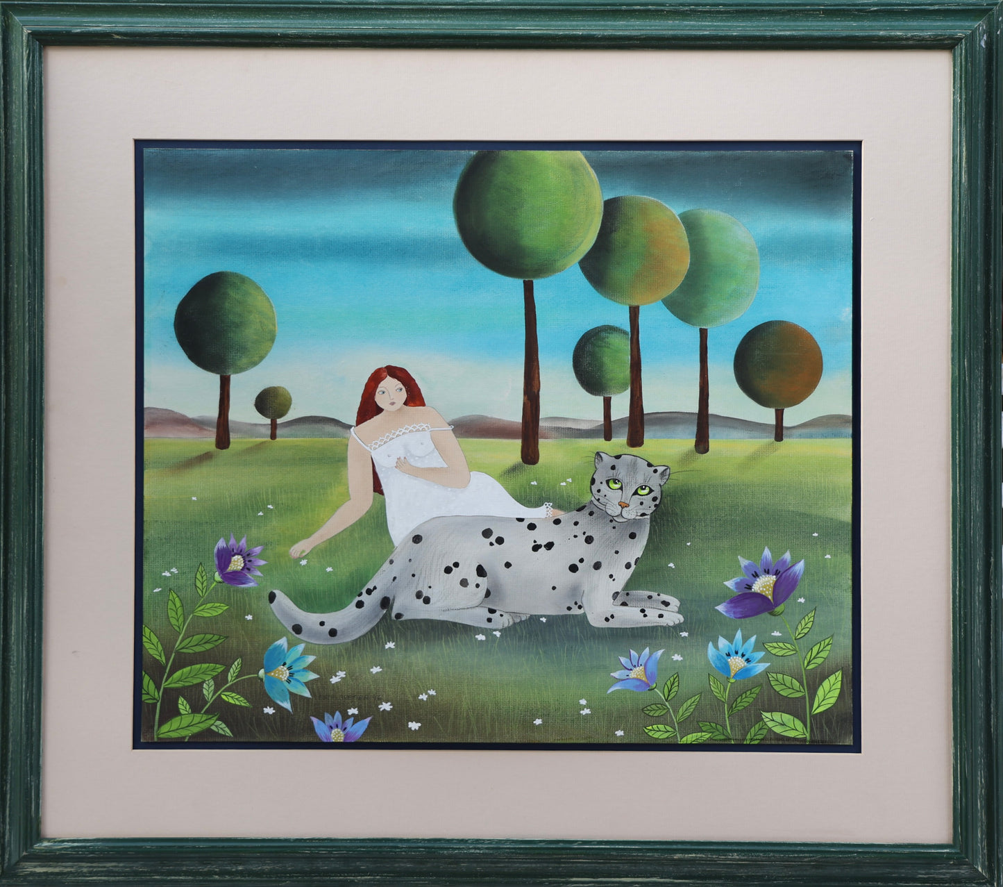 Edith Bremmer Watercolour - Lady with snow leopard - Signed and dated 1996