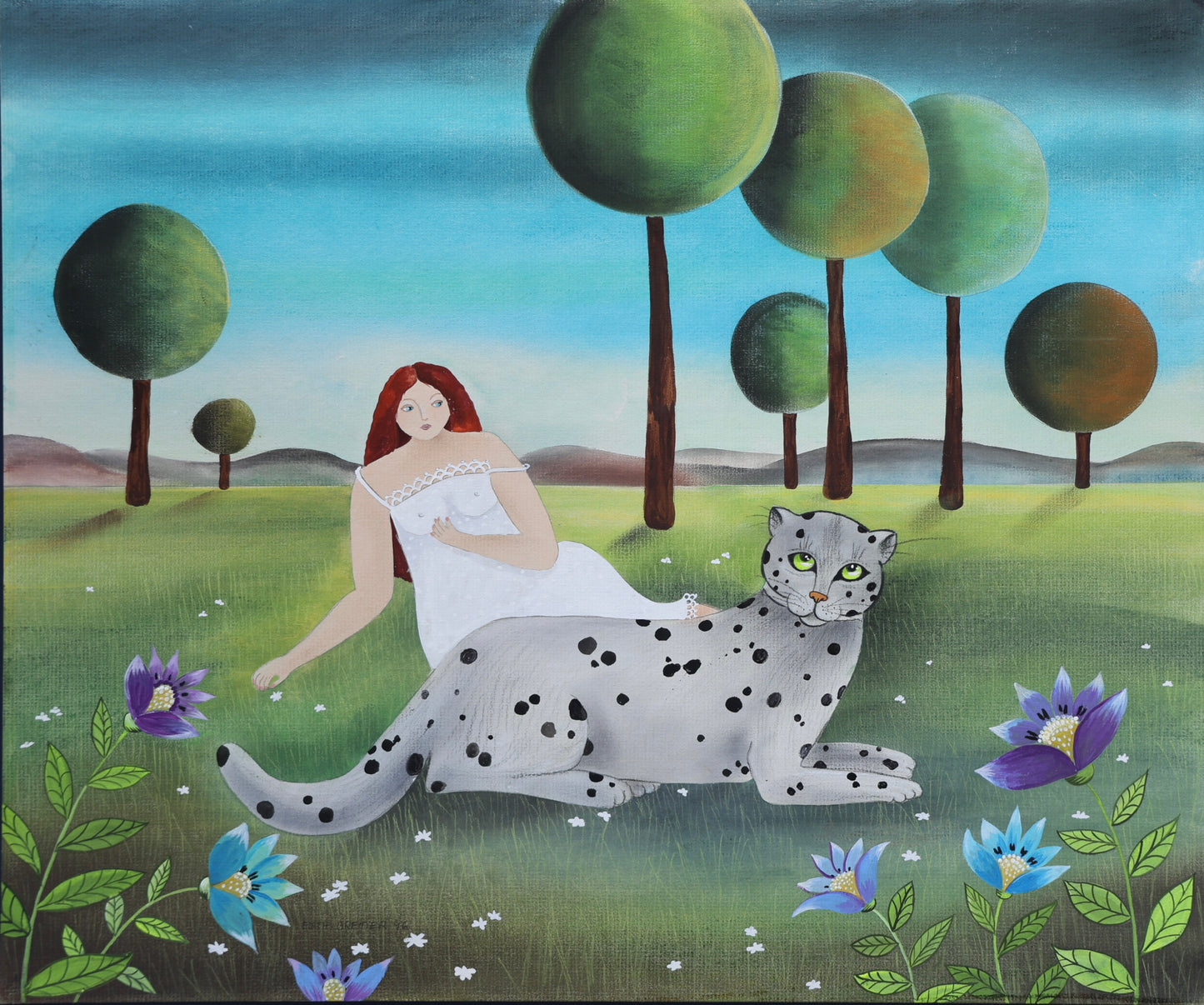 Edith Bremmer Watercolour - Lady with snow leopard - Signed and dated 1996
