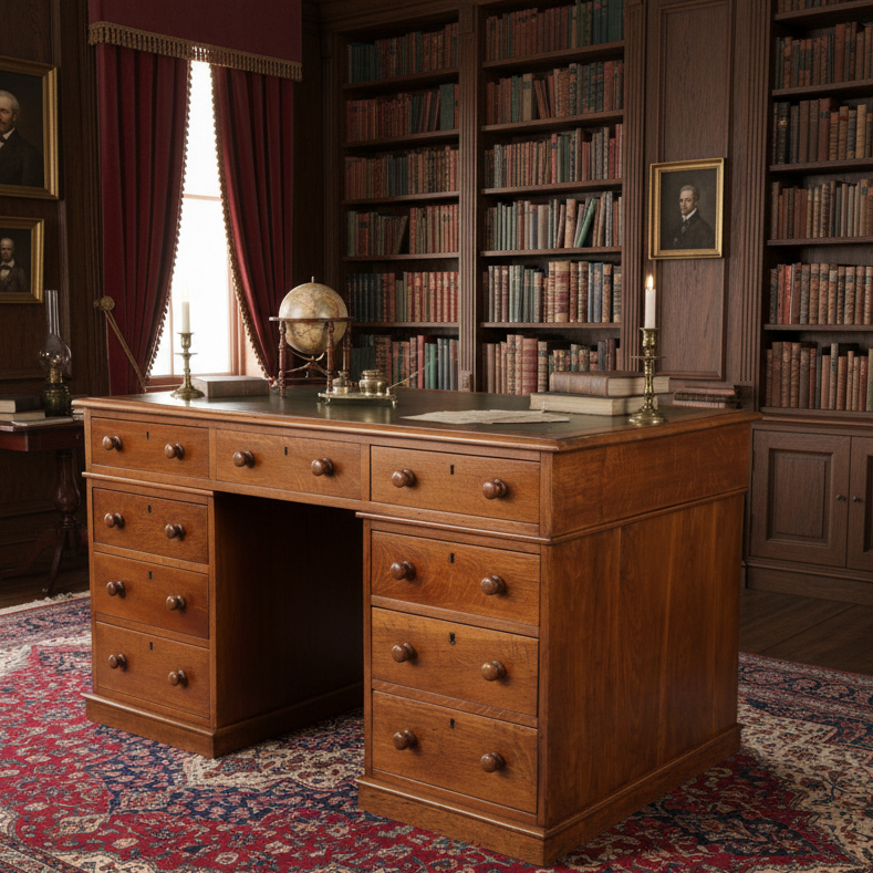 Victorian oak Pedestal Desk, with tooled leather top.