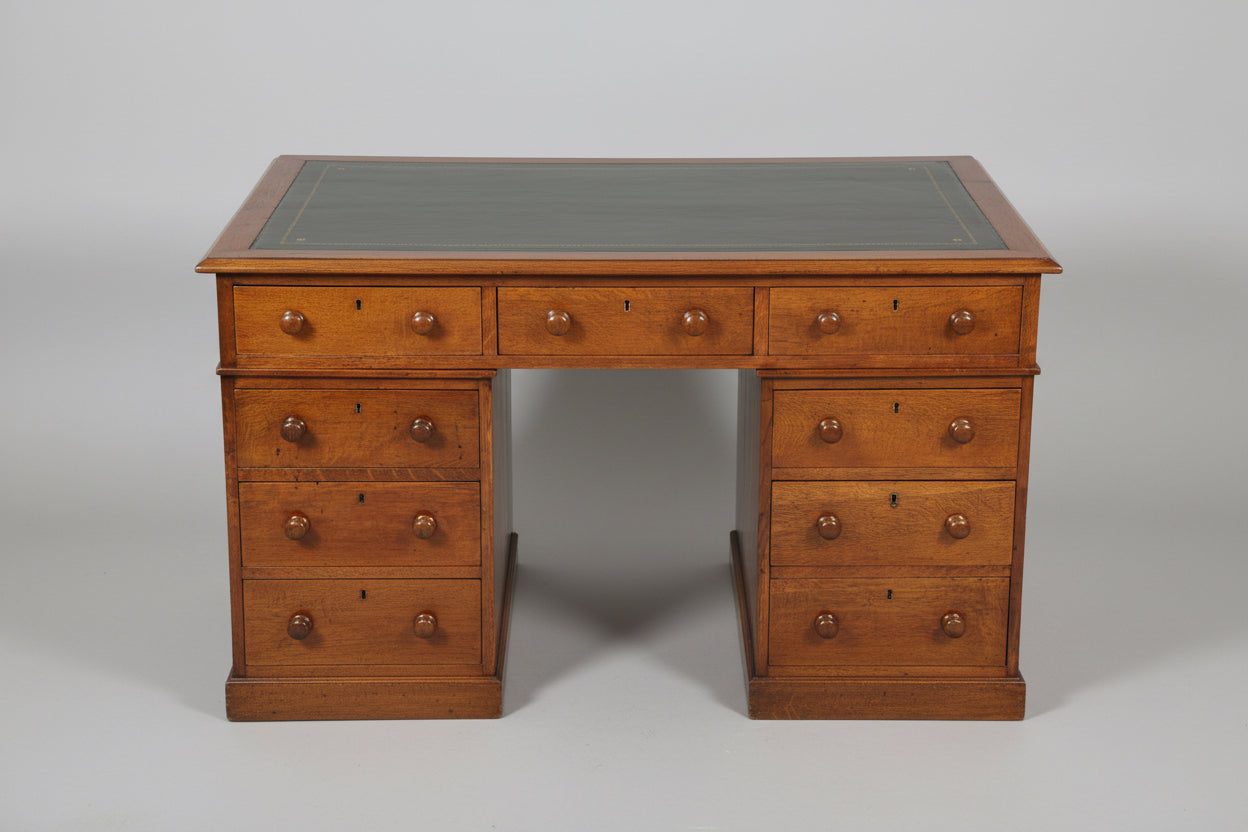 Victorian oak Pedestal Desk, with tooled leather top.
