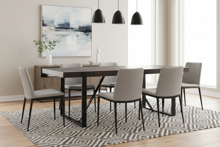 Contemporary 6 seater Dining Table, with metal base.