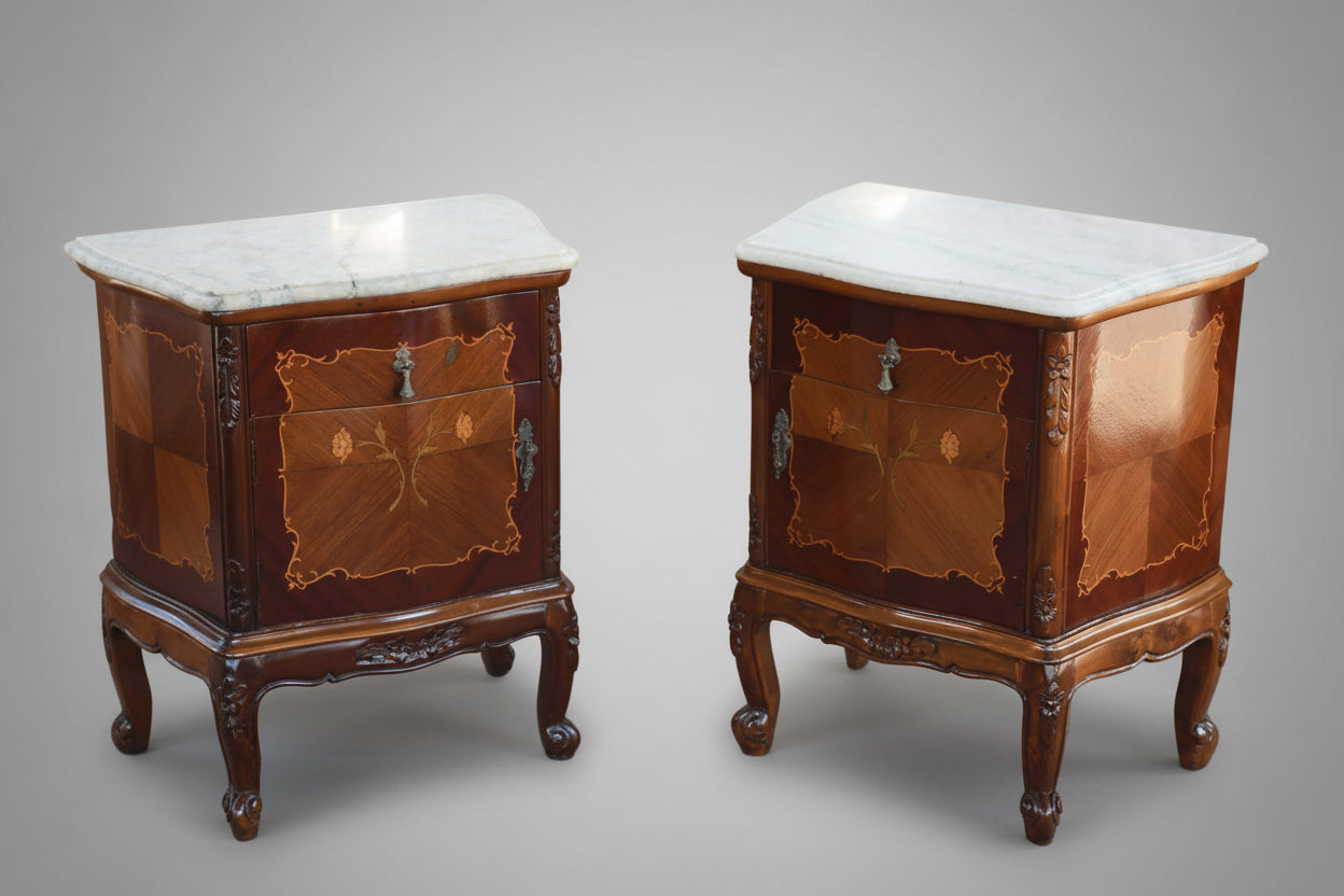 Pair of French inlaid Walnut marble topped Pedestals, mid 20th century