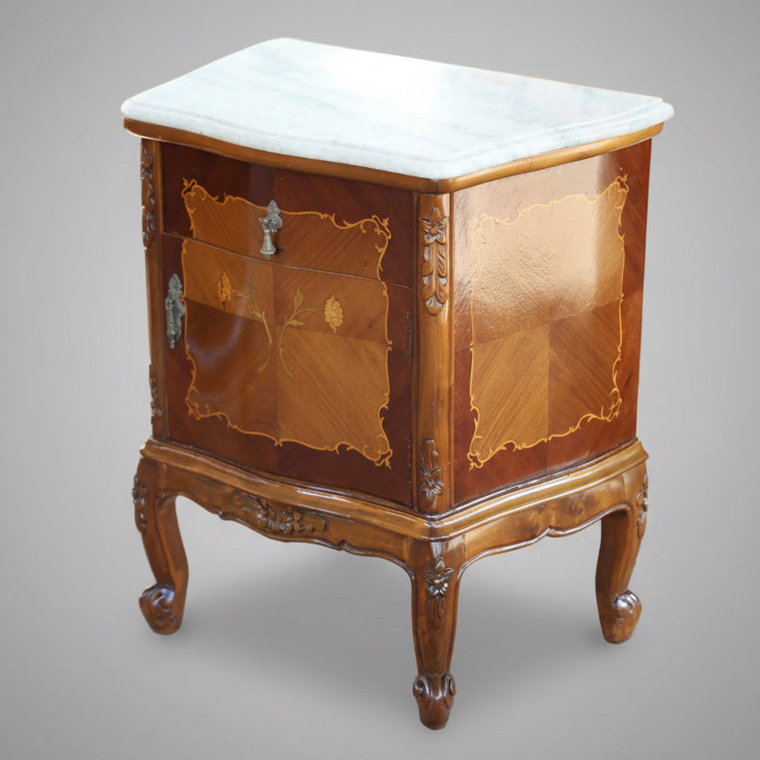 Pair of French inlaid Walnut marble topped Pedestals, mid 20th century