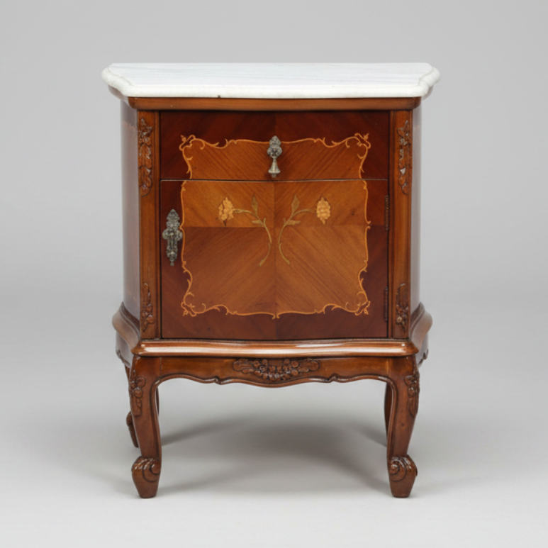 Pair of French inlaid Walnut marble topped Pedestals, mid 20th century