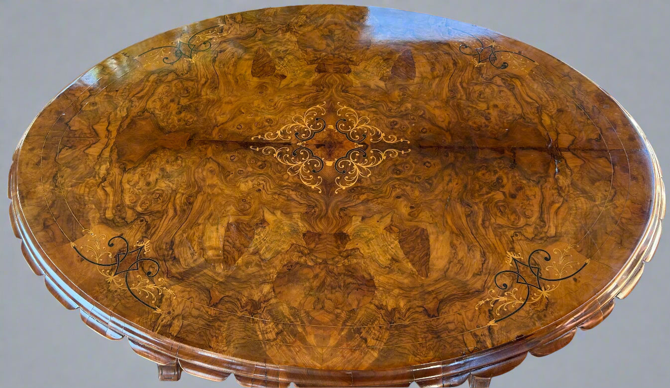 Victorian inlaid burr walnut oval Centre Table