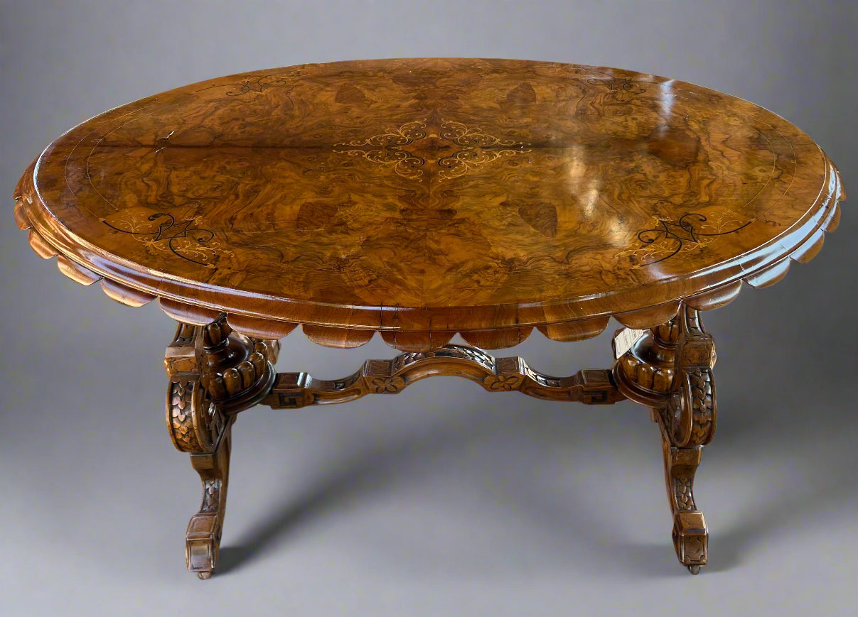 Victorian inlaid burr walnut oval Centre Table